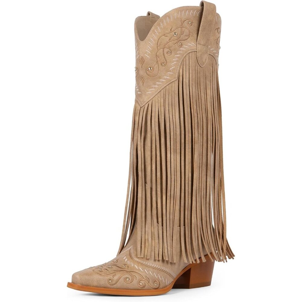 Women's Tan Fringe Knee High Boots Embroidered Cowgirl Western Pointed